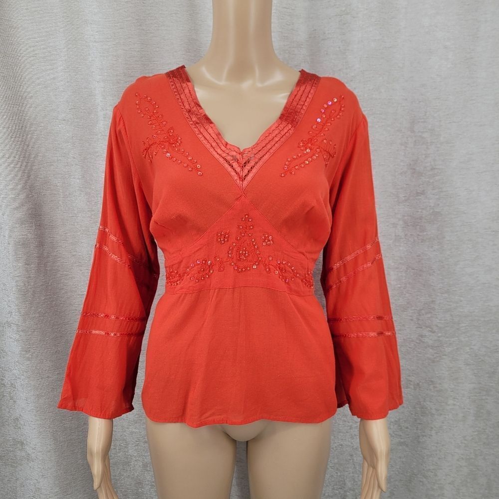 Millenium Y2K Women's Orange Red Embellished Top Tie Back Vneck Blouse Fairycore